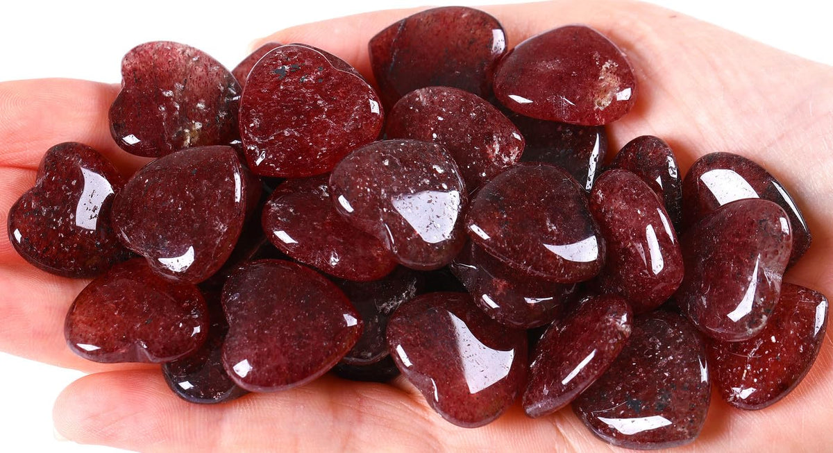 QINJIEJIE 20PCS Straberry Quartz Heart Stones Crystals Bulk Love Shaped Worry Stone Heart Rock Pocket Polished Palm Gems Crystal Reiki Balancing Wholesale Carved Stone Decor Gift