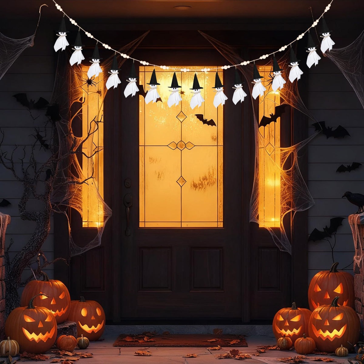 VitalCozy 7ft Halloween Garland Cute Witch Hat Ghost with Wooden Beads Garlands Farmhouse Rustic Halloween Banner for Wall Haunted House Party Yard Outdoor Spring Decor Supplies