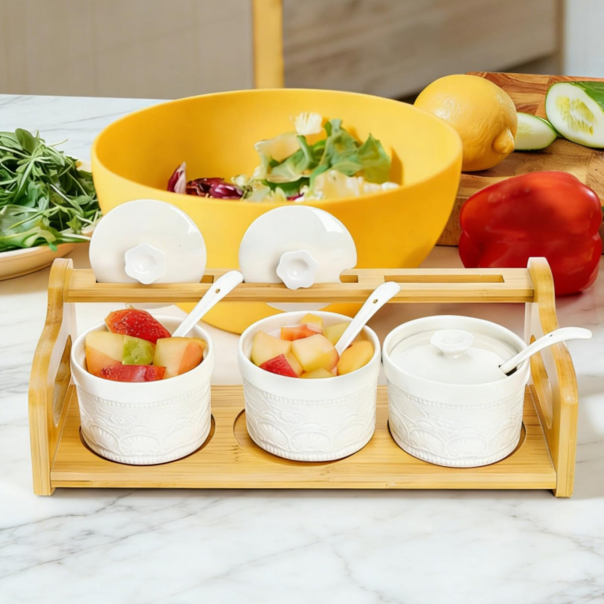 Acshio 10 Pack Sauce Serving Dish, 5 Oz Ceramic Chip Dip Sauce Bowls with Spoons Lids for Party, 3 Condiment Seasoning Jars with Bamboo Tray for Snacks, Appetizers, Sauces