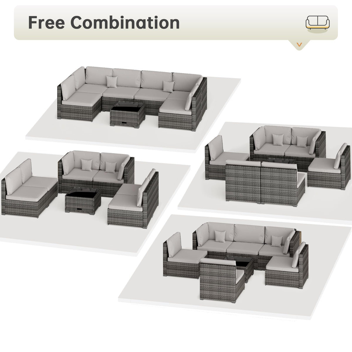 LHBcraft 7 Piece Patio Outdoor Furniture Set, Outdoor Sectional, All-Weather Hand-Woven Wicker Patio Sectional Sofa, Rattan Outside Furniture with Grey Cushion and Glass Coffee Table