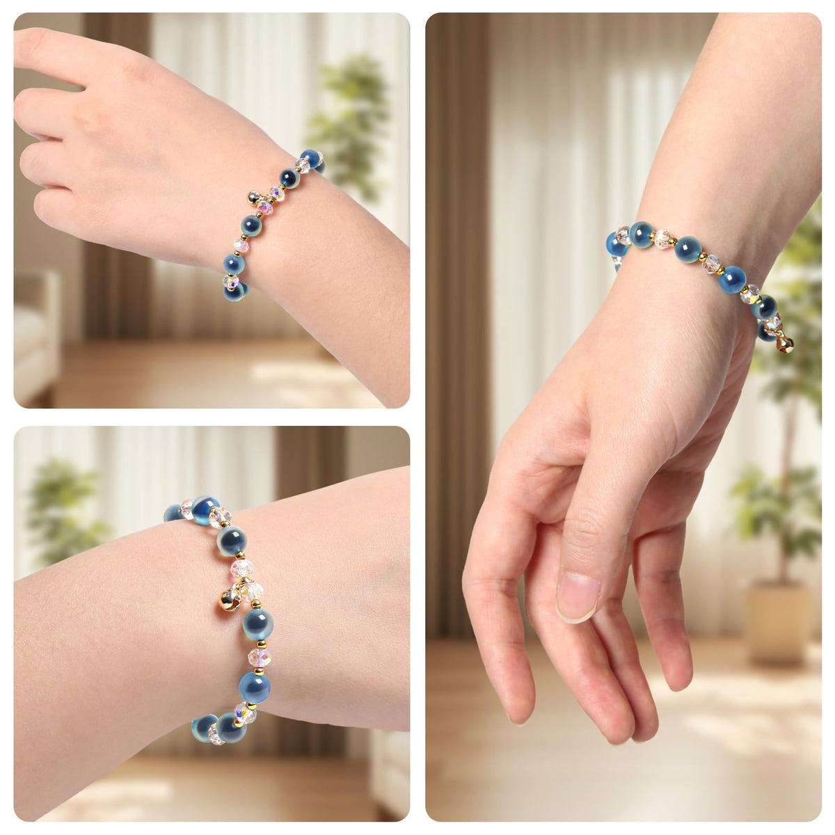 Blue Agate & Clear Quartz Healing Crystal Bracelet with Small Bell – Beaded Bracelets for Women – Energy, Meditation, Yoga, Relaxation, Chakra Balancing, Jewelry Gift, Birthday & Holiday Gift for Coworker, Friend