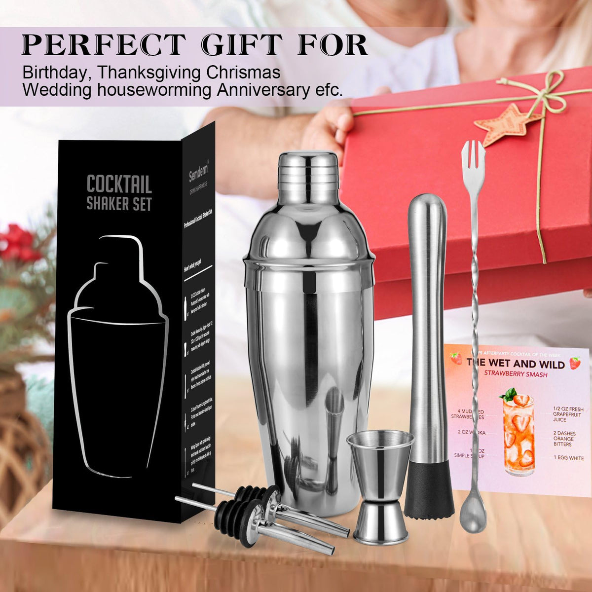 Cocktail Shaker Set, 6-Piece 18/8 Food-Grade Stainless Steel Mixology Bartender Kit - Premium Bar Tools with Muddler, Jigger, Spoon & Pourers - Rust-Proof, Leak-Proof & Dishwasher Safe Gift for Men
