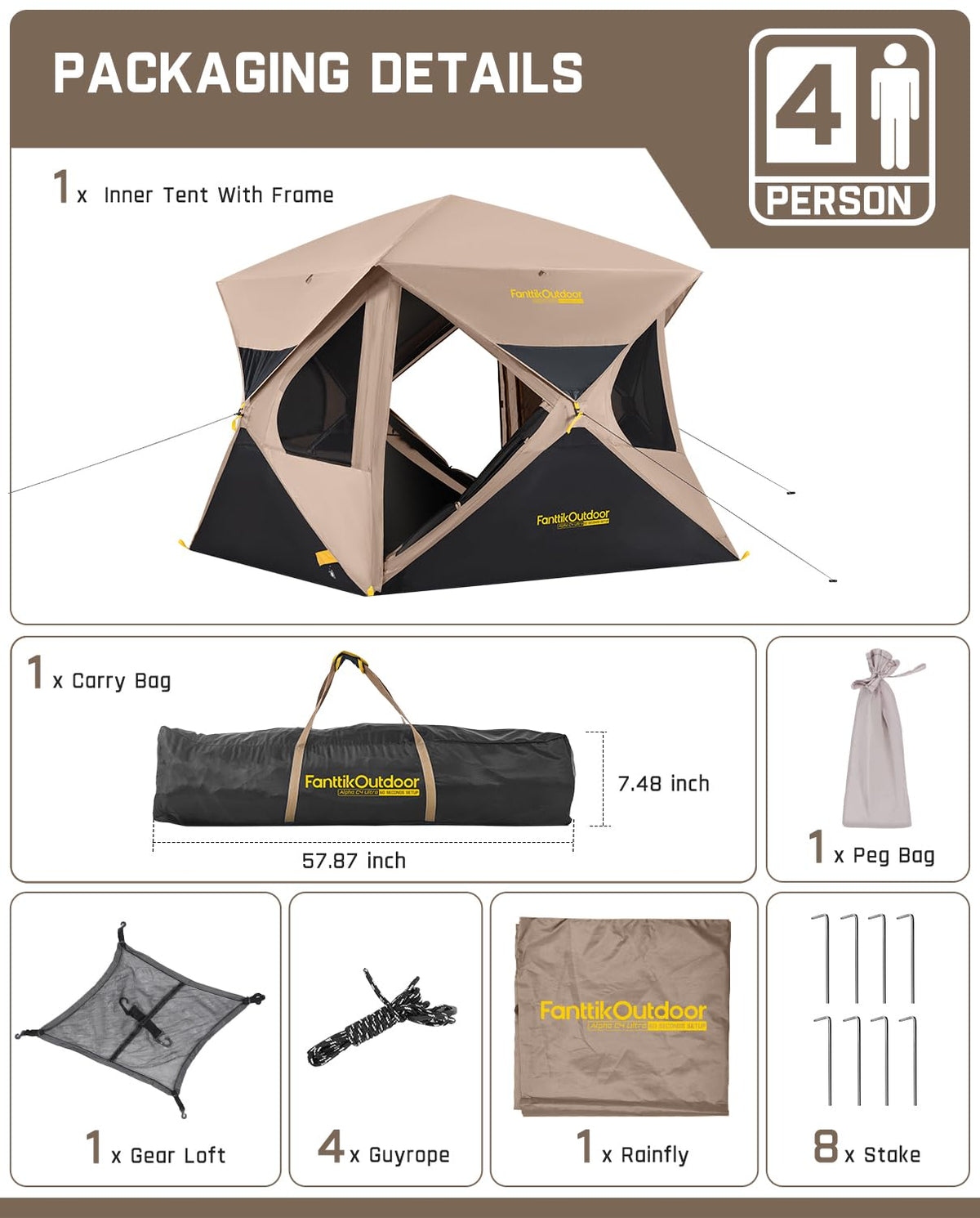 FanttikOutdoor Alpha C4 Ultra Camping Tent 4 Person Pop Up Instant Cabin Setup in 60 Seconds Portable Hub Tent with Rainfly & Windproof for Outdoor Camping & Overlanding, Khaki
