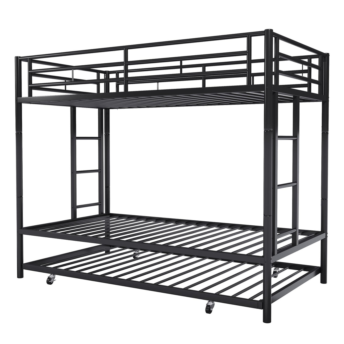 SUNLEI Metal Bunk Beds with Double Secured Ladders, Twin Bunk Bed with Surrounded Safety Guardrails, Space Saver Twin Beds, Noise Free for Small Bedroom, with Trundle Function, Solid Black