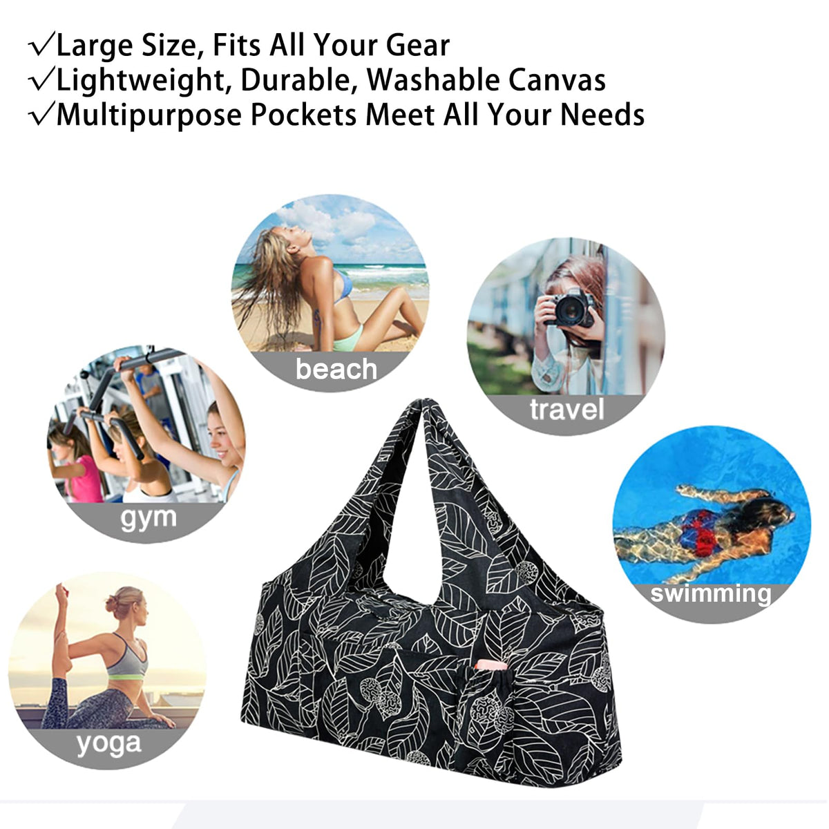 KUAK Extra Large Yoga Mat Bag with Zippered Top & 5 Pockets - Premium Waterproof Fabric Tote with Yoga Mat Carrying Strap for Pilates, Gym, Fitness Block & Gear