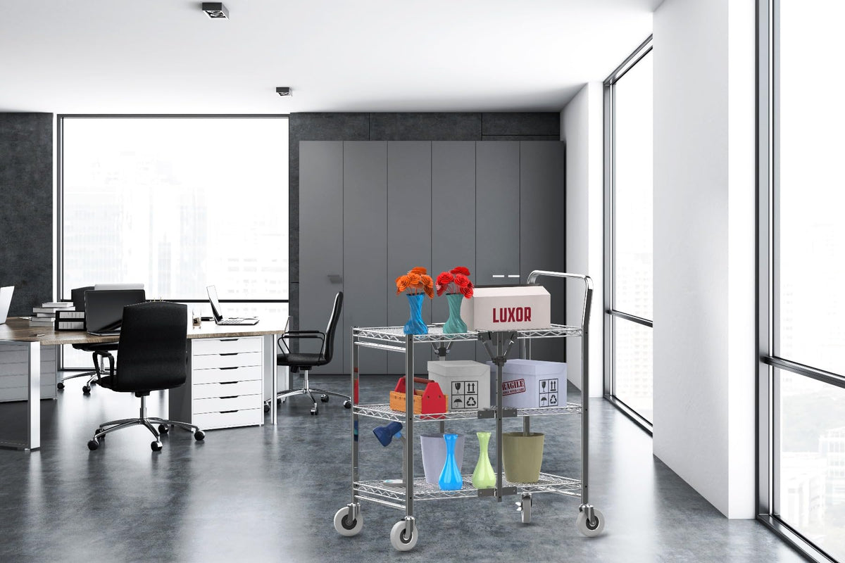 Luxor WSCC-3 Three-Shelf Collapsible Wire Utility Cart, Push Heavy Duty, 4" Thermoplastic Rubber Casters Two with Locking Brakes,Holds 300 lbs. and Folds Up for Storage, 37"W x 18.25"D x 30.5"H