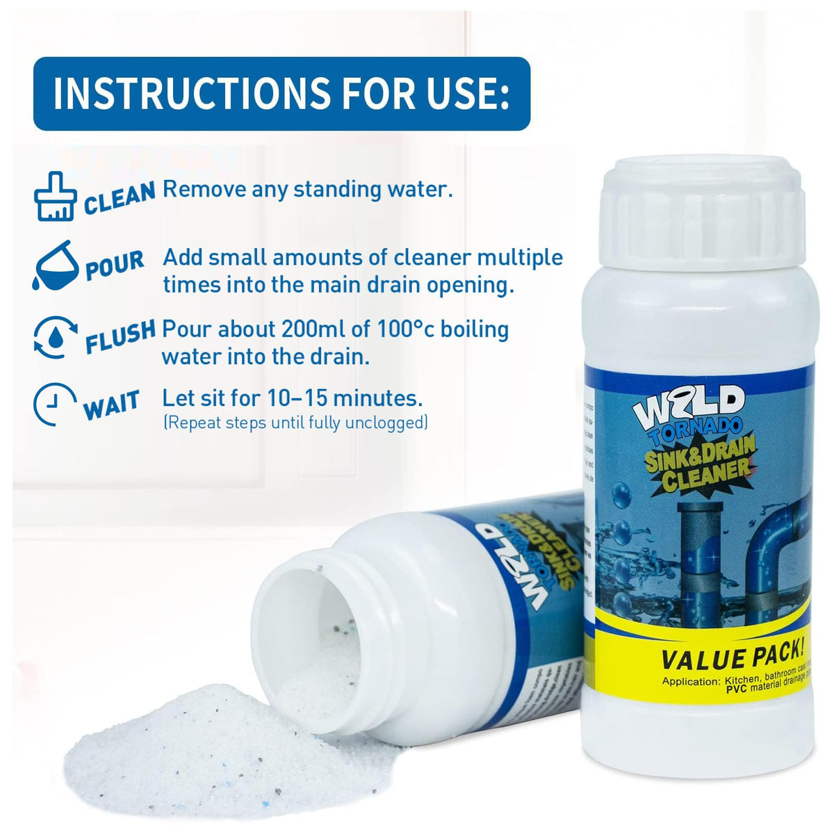 Wild Tornado Pipe Dredge,Powerful Sink Cleaner Powder Fast Foaming for Kitchen Toilet Pipeline Quick Cleaning Tool(4pcs)