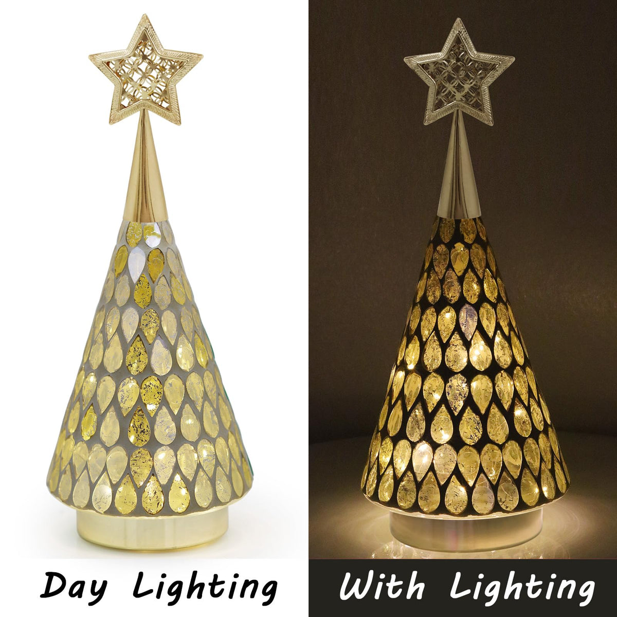 Gold Mosaic Glass Christmas Tree with Star, 2 PCS Small Tabletop Christmas Trees with Light, Battery Operated Xmas Tree for Mantel Decor 11"