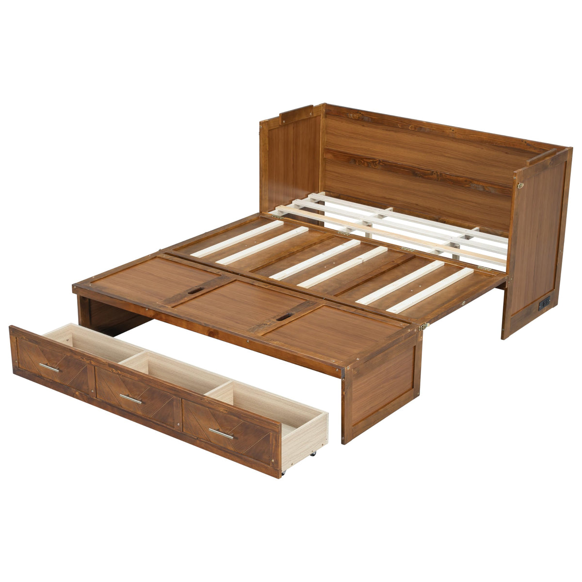 KEIKI Queen Murphy Bed Cabinet with Charging Station & Geometrical Panel, Pine Wood Hideaway Bed Frame with Large 3-Compartment Drawer, 2-in-1 Space-Saving Convertible for Guest Bedroom Studio Walnut