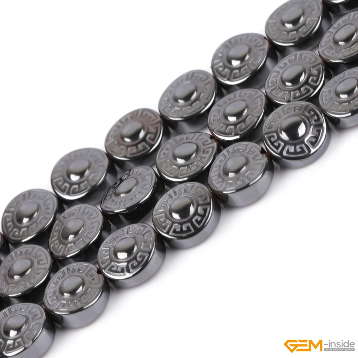 GEM-Inside 46pcs 8mm Natural Black Hematite Double Side Carved Maya Sun Sign Coin Beads for Bracelet Necklace Jewelry Making Power Energy Chakra Beads