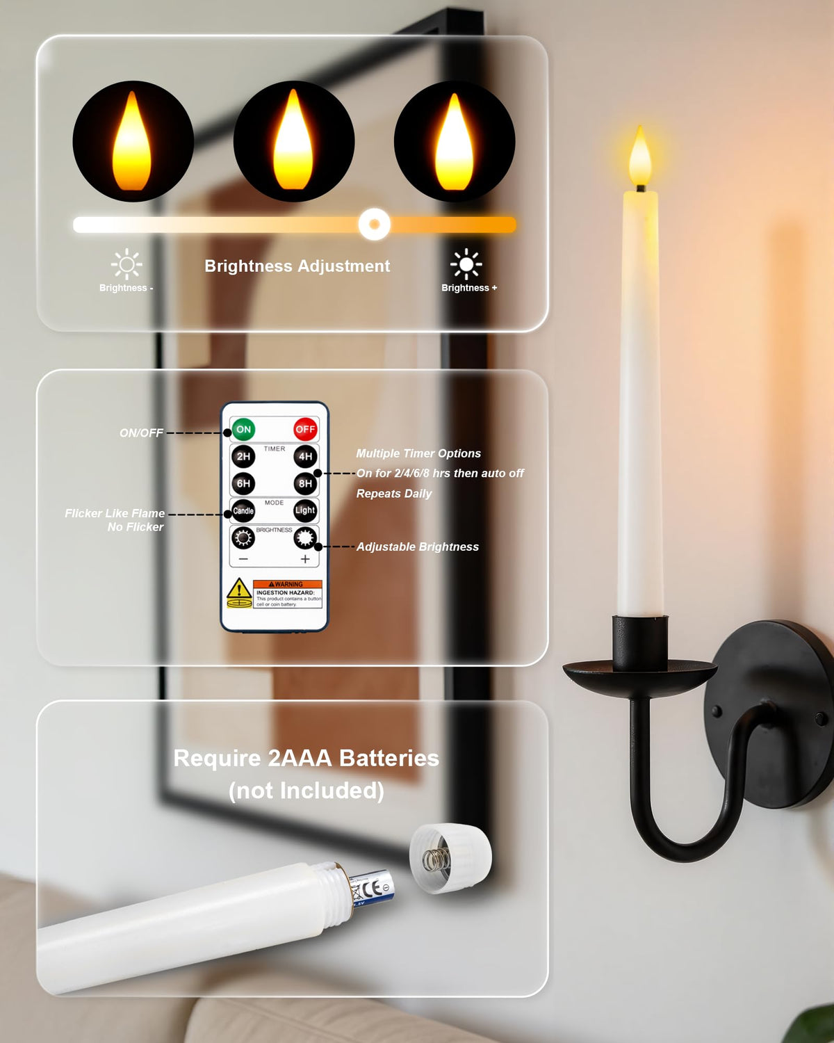 Homemory 6 Pcs Waxy Flameless Taper Candles with Remote, Led Candlesticks Classic Tall Candle, Flickering Battery Operated Taper Candles for Bedroom, Dining Room, White, 9.6 inches