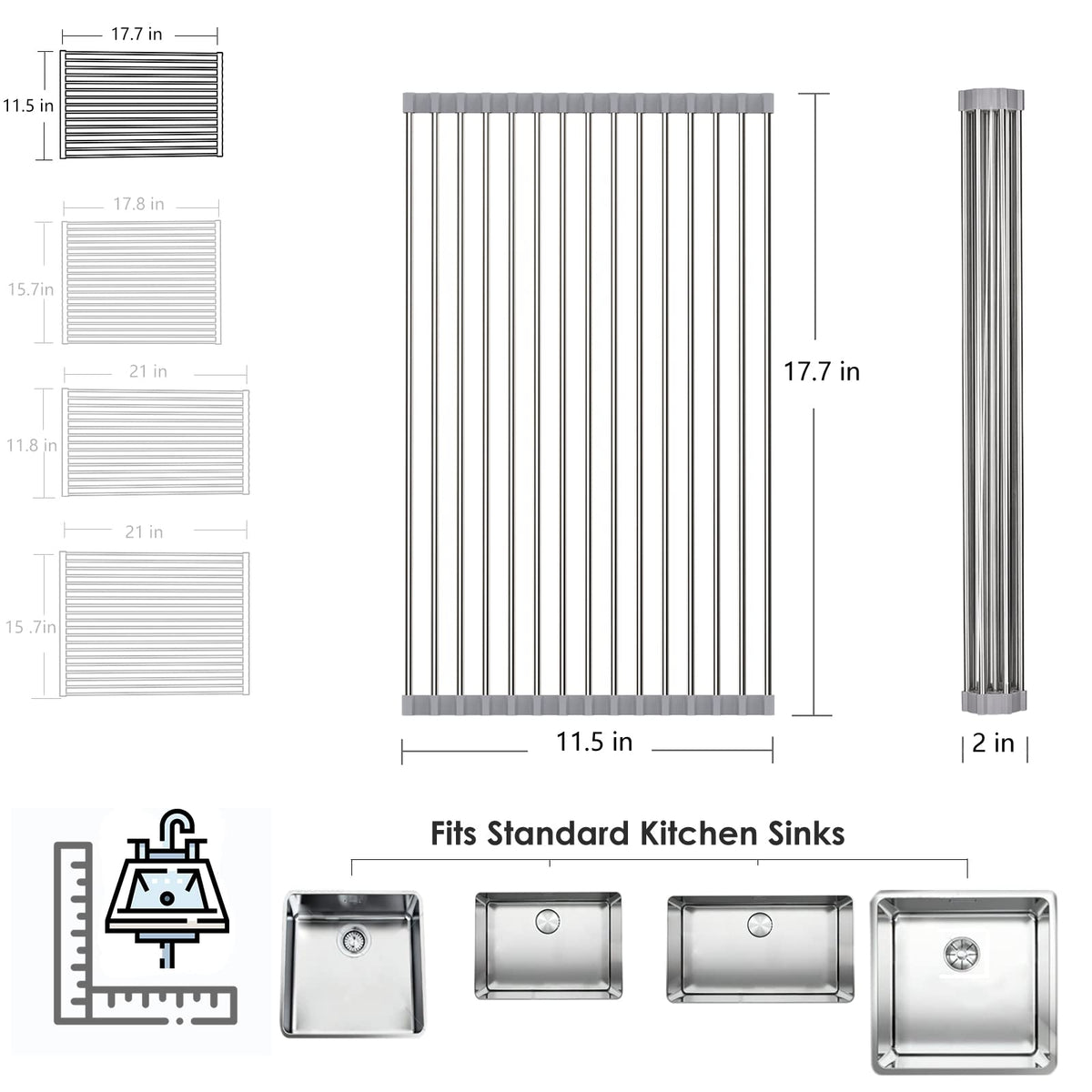 Tomorotec Roll Up Dish Drying Rack, Over The Sink Dish Drying Rack, Portable Stainless Steel Rolling Rack Multipurpose Kitchen Drainer Caddy Organizer Storage Shelf Holder, Gray