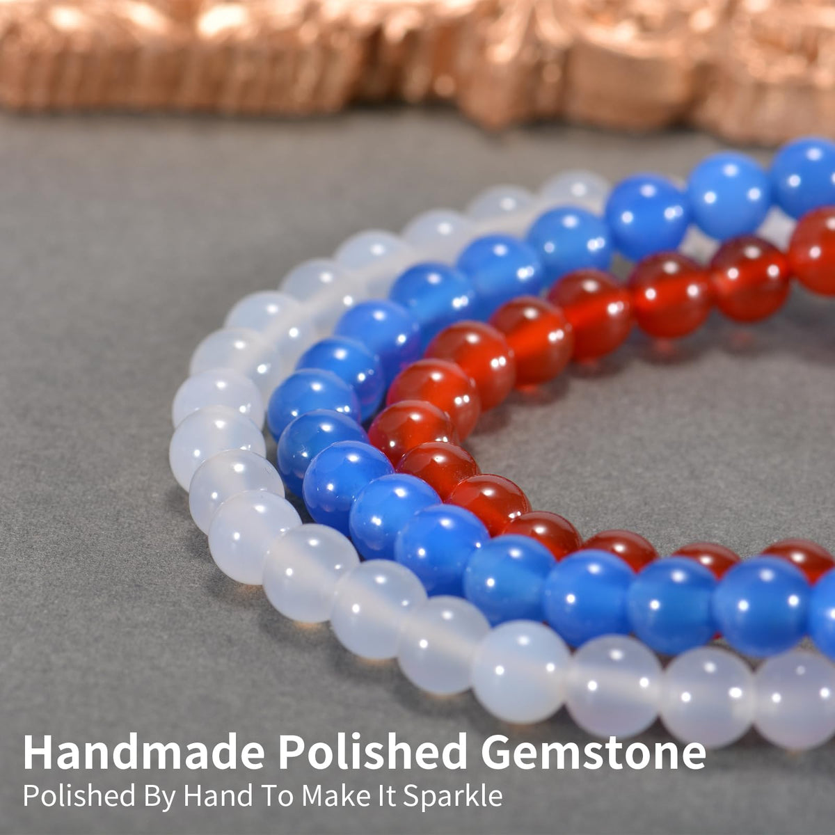 Aluckiss 6mm 3PCS Agate Bracelet for Women Men Natural Round Beaded Agates Stone Healing Stretch Bracelets Elastic Handmade Polished Gemstone Beads Bracelet Red+ Blue+White 3 Colors