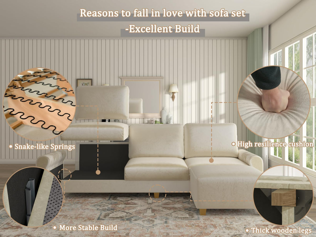 EASE MOOSE Large Seat Velvet L-Shaped Sofa, Soft 4 Seat Couch with Reversible Chaise, Comfy Sectional Modular Sofa with Removable Washable Covers for Living Room and Small Space, Beige