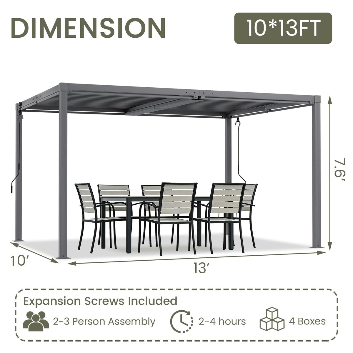 SAILARY Louvered Pergola 10' x 13', Outdoor Aluminum Pergola with Reinforced Steel Roof, Heavy-Duty Hardtop Gazebo for Patio Deck, Weatherproof Sun Shade Shelter, Grey