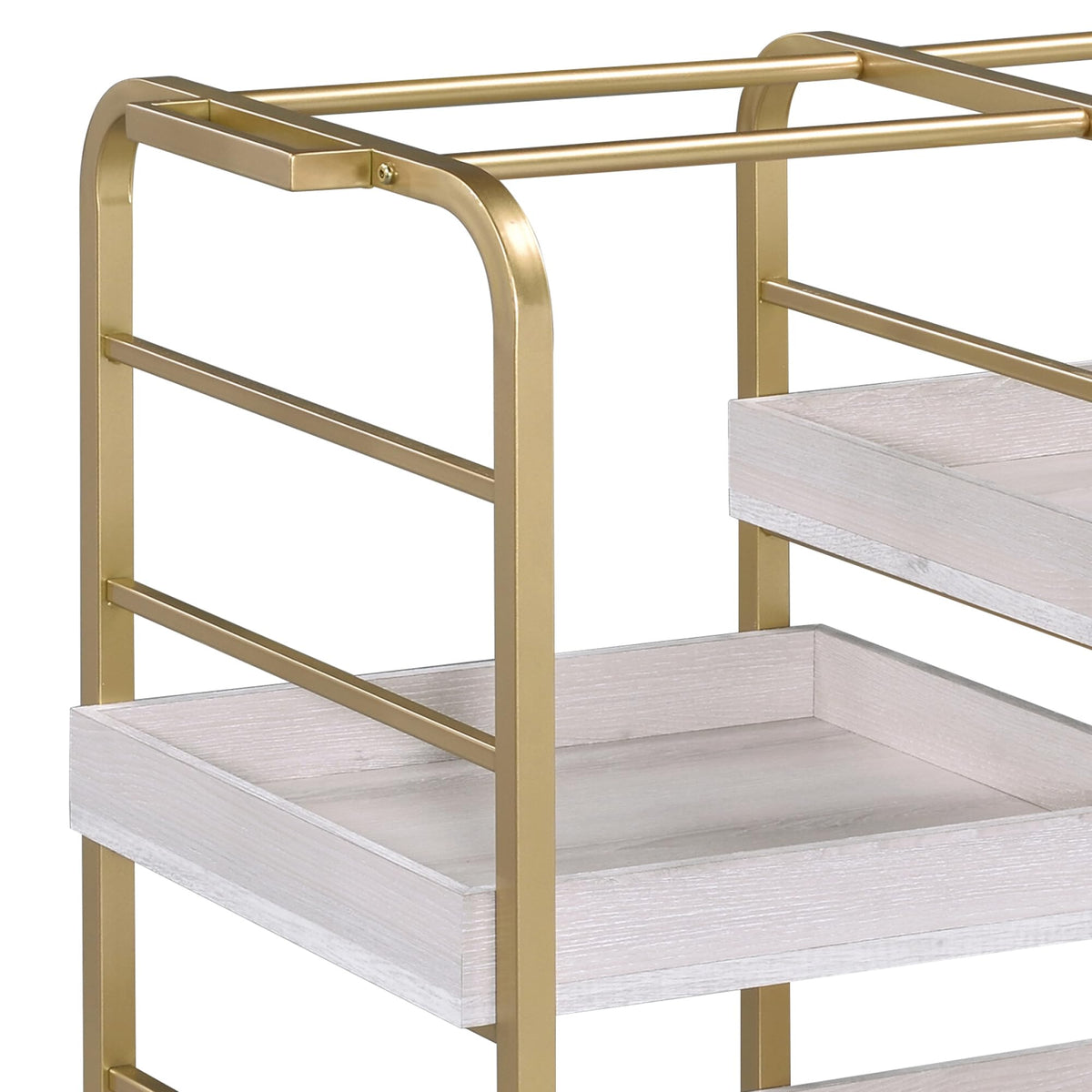 roomfitters Vorrik Gold and White Washed Serving Cart, Glamorous 3-Tier Hollywood Regency Rolling Trolley, 3 Adjustable White Washed Wood Trays