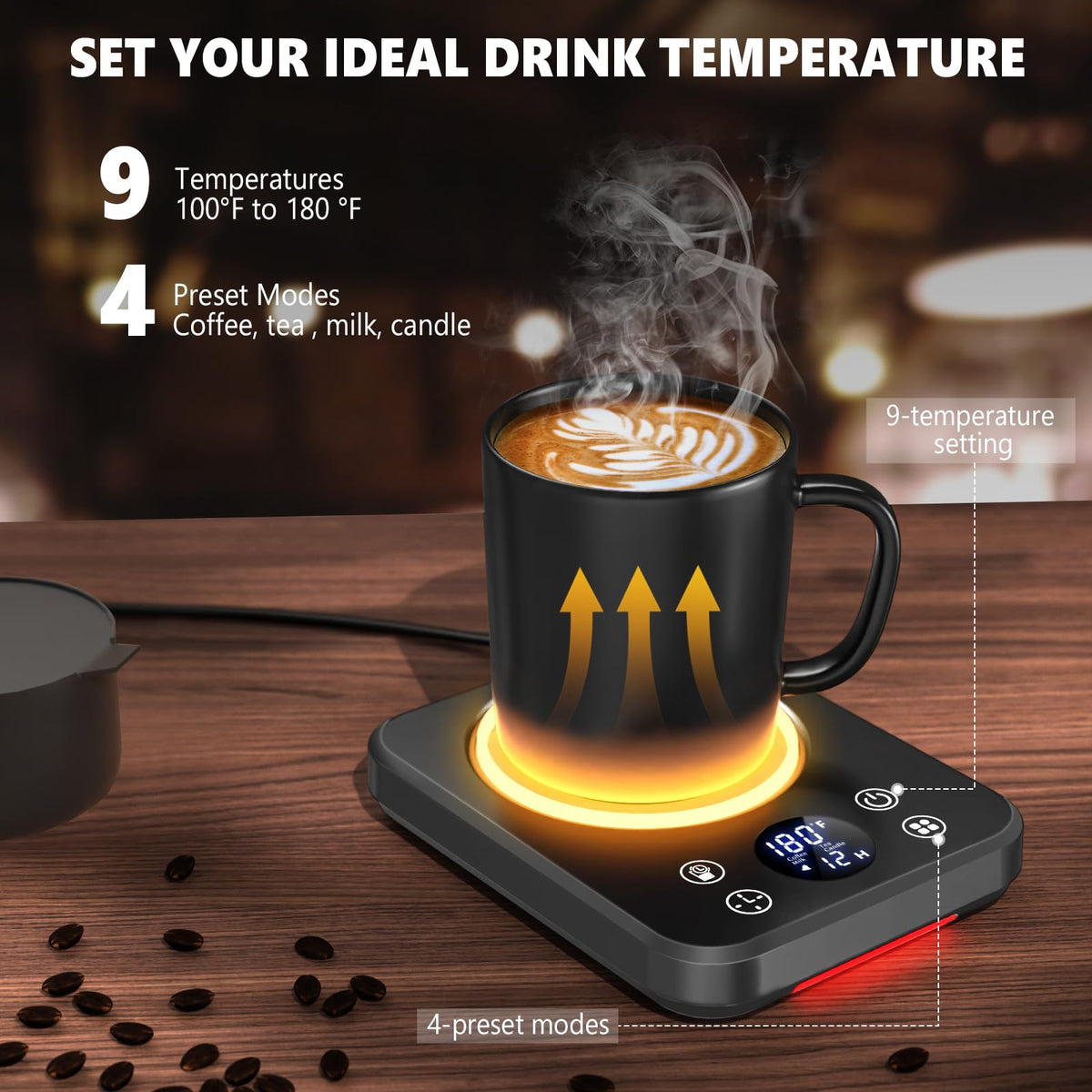 Mug Warmer - Coffee Cup Warmer for Desk with Auto Shut Off, Timer, 10 Temperature Settings, Coffee Warmer Plate, Ideal Office & Home Gift (Black)