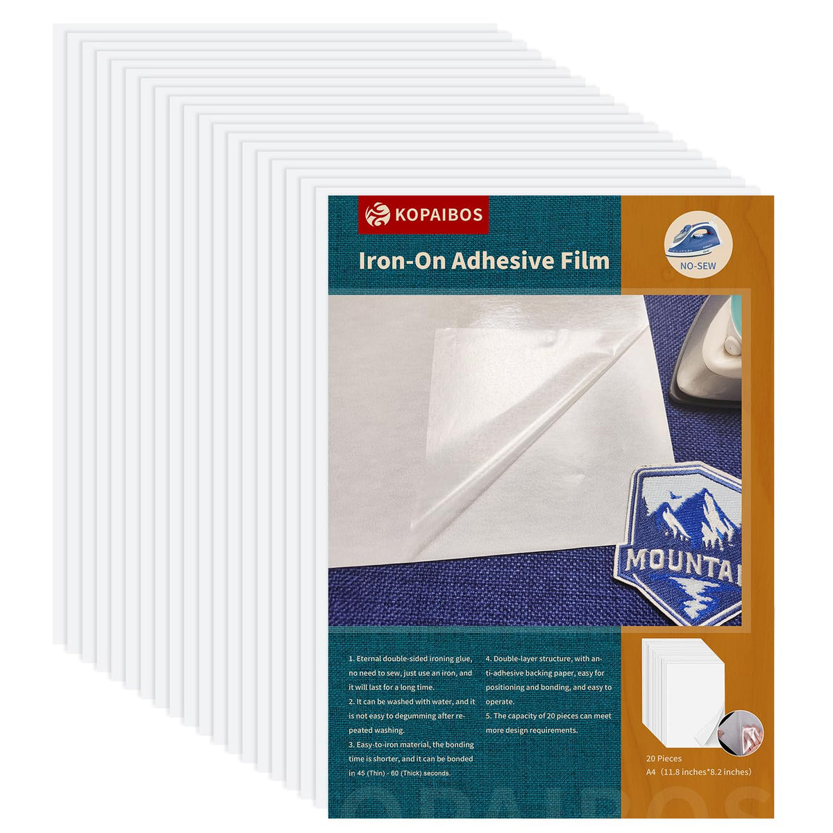KEPAIBOS Lightweight M A4 Size 20 PCS X 6 Double Sided Iron On Adhesive Sheets with Backing Easy-Iron Permanent Fusible Patch Fabric Glue (Transparent, Standard 20 Sheets × 6)