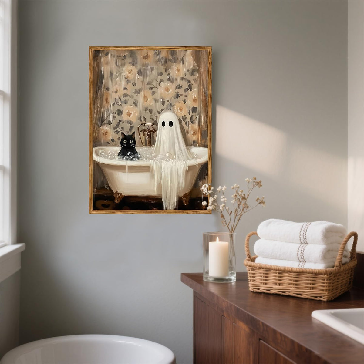 Framed Halloween Ghost Bathroom Canvas Wall Art, Funny Cute Ghost and Black Cat in Bathtub Pictures Wall Decor, Gothic Dark Academia Paintings Prints Spooky Home Decor for Restroom 12x16 inch