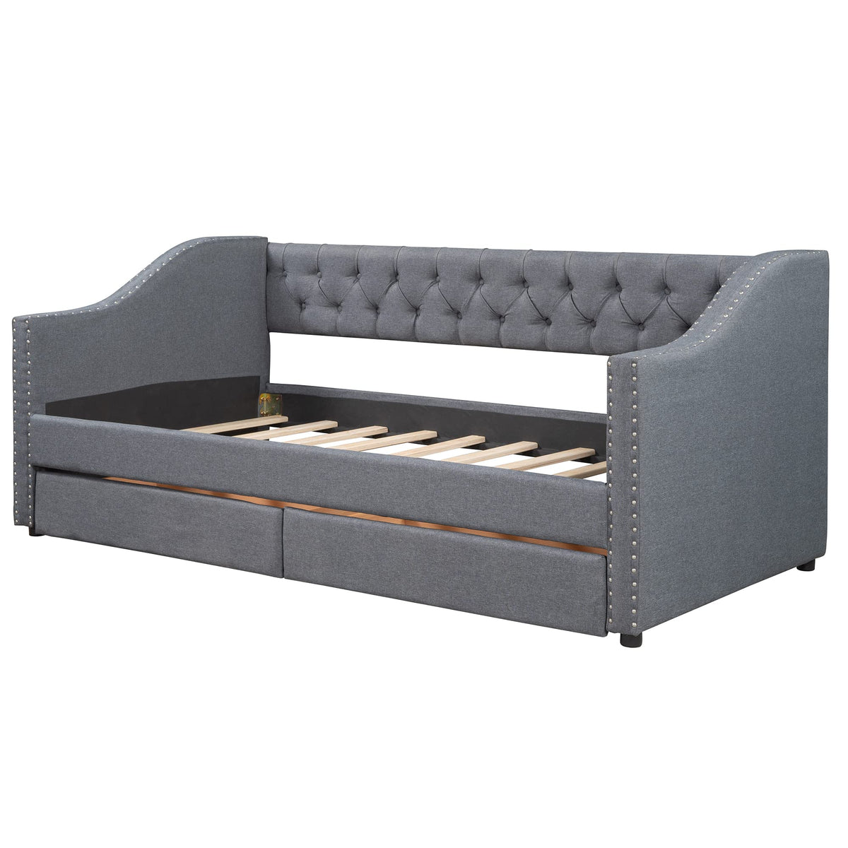 Merax Upholstered Twin Daybed Frame with 2 Storage Drawers, Linen Fabric Wood Sofa Bed, Diamond-Tufted Backrest & Rivets Armrests, Sturdy Wood Slat Support, No Box Spring Needed, Bear 400LBS, Gray