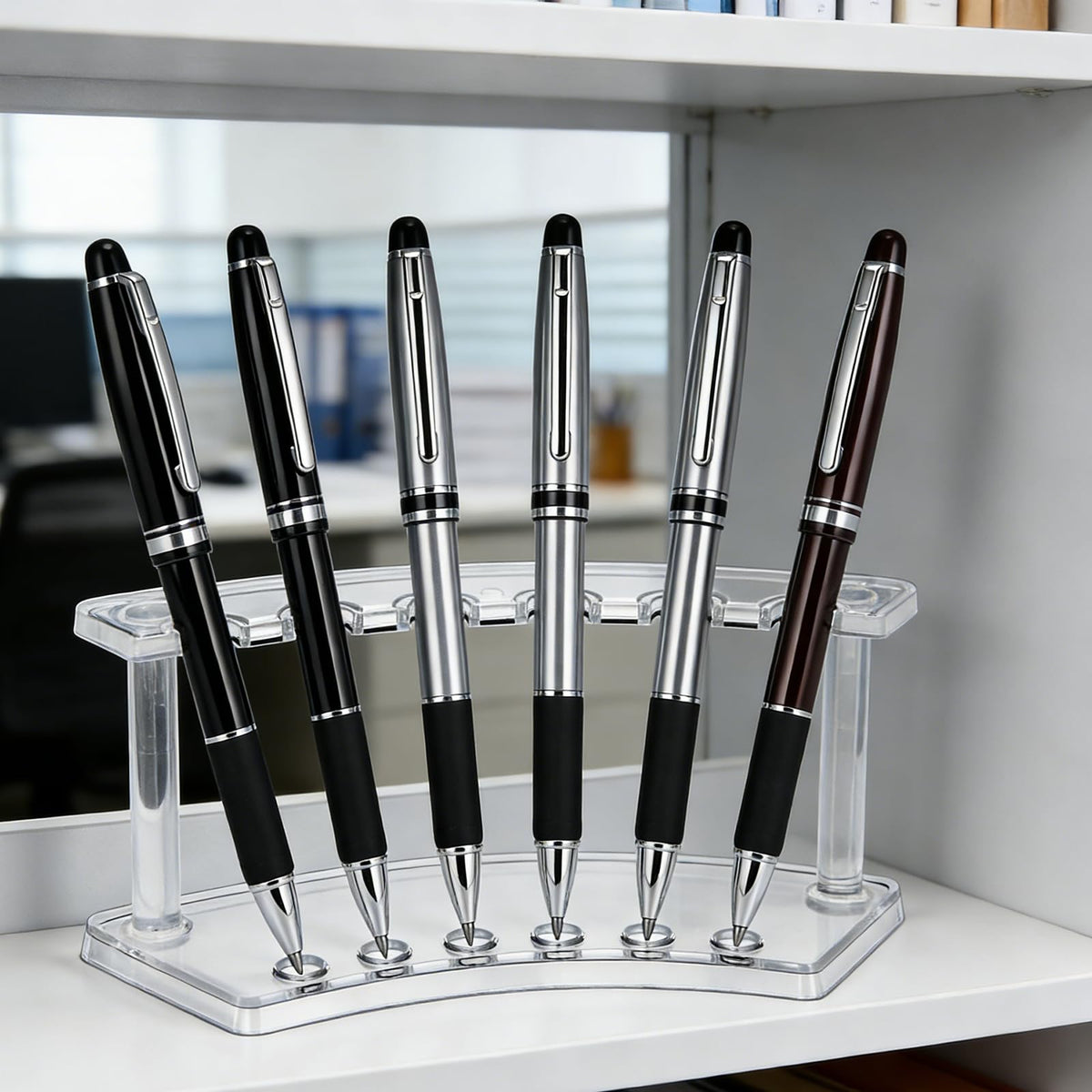 SOUJOY 8 Pack Acrylic Pen Display Stand, 6-Slot Pen Holder Rack, Eyebrow Pen Stand, Makeup Brush Rack Organizer for School Office Home Store