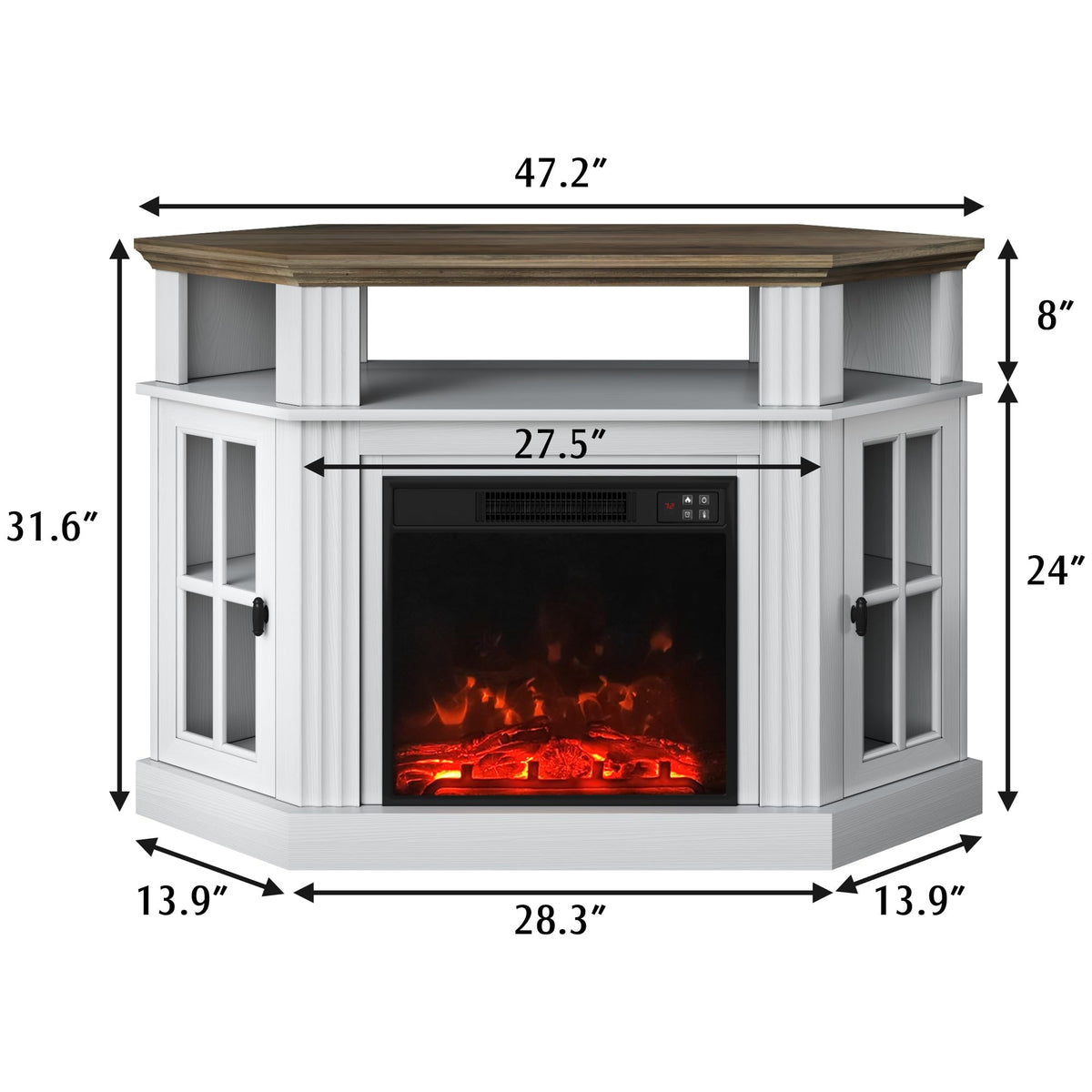 YESHOMY Corner Fireplace TV Stand for Television up to 55" with Storage Cabinets, Entertainment Center, Media Console for Living Room, Bedroom, White&Rustic