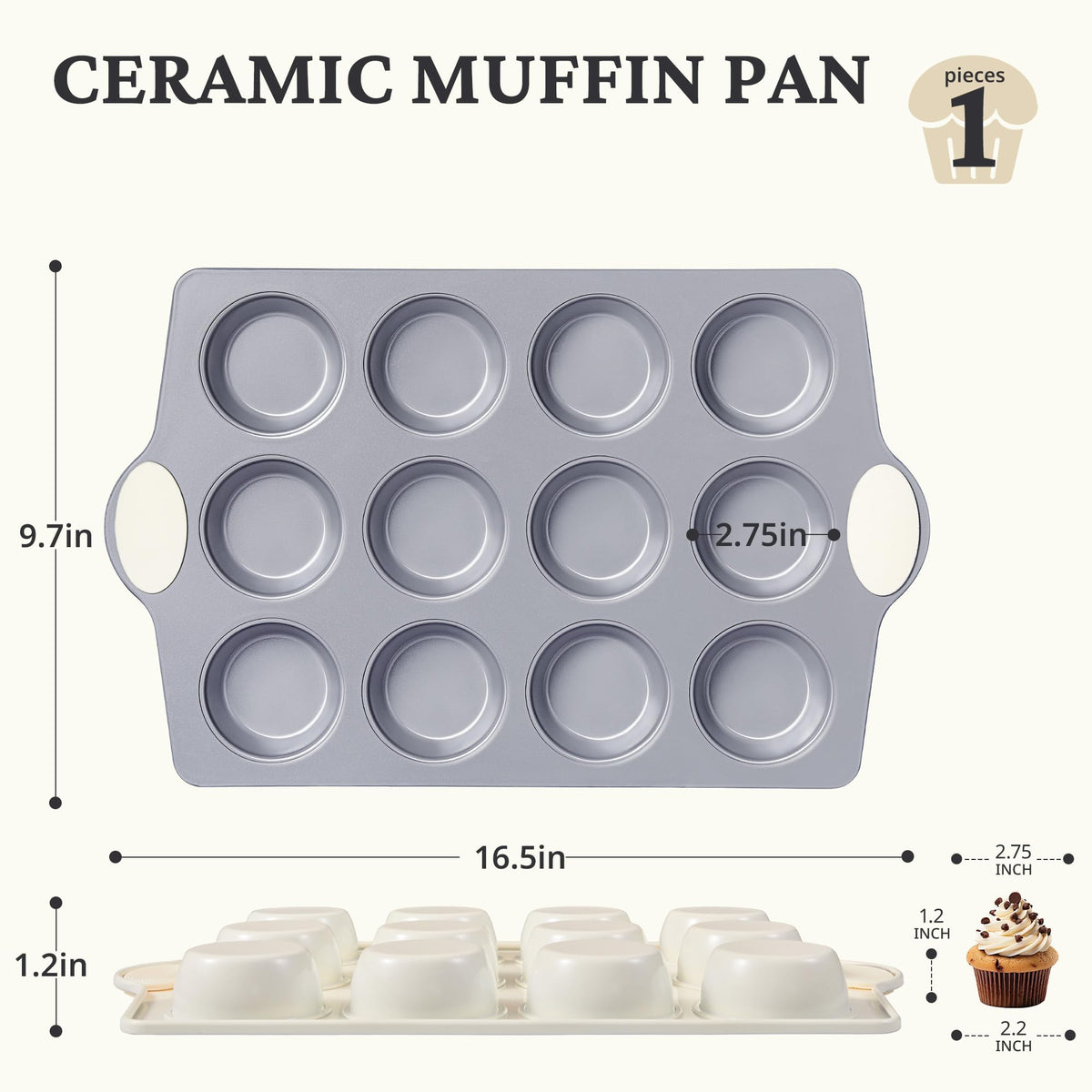 BRONYPRO 12-Cup Non Toxic Nonstick Ceramic Muffin Pan & Cupcake Tin, PFOA & PFOA Free, Heavy Duty Rust-Resistant Aluminized Steel, Oven Safe, Cream White