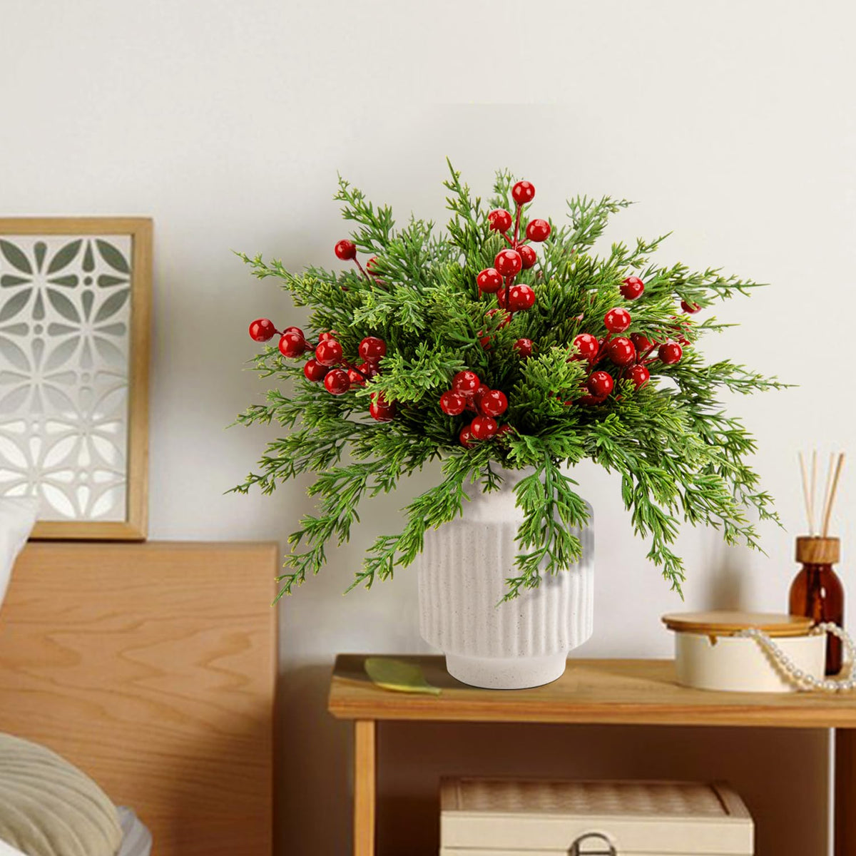 Watayo 45 Pcs Christmas Artificial Pine Branches with Red Berry Stems, 10.5" Faux Evergreen Norfolk Pine Cypress Leaves Stems, Fake Foliage Pine Needles Picks for DIY Craft Garland Home Decor