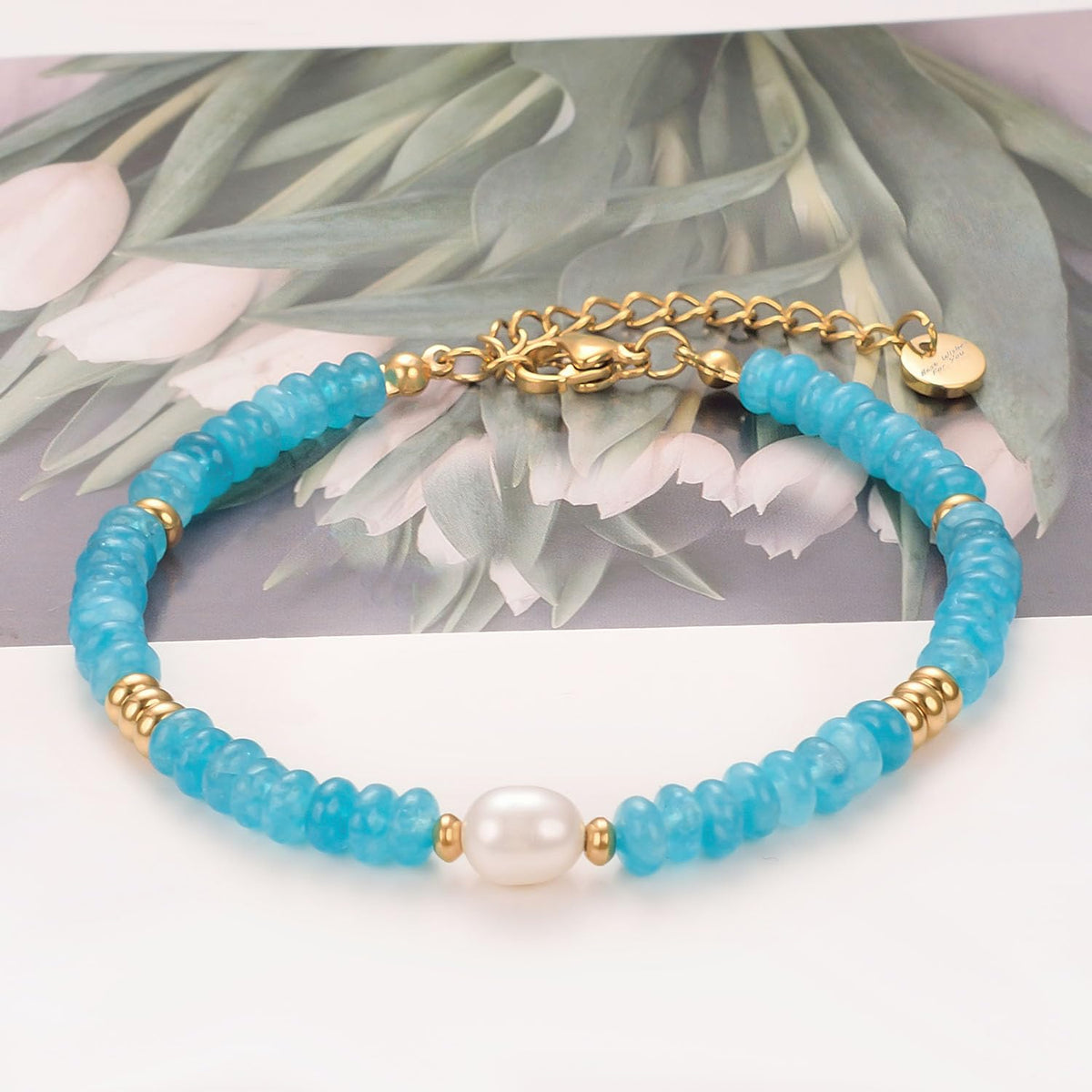 vissen Blue Natural Stone Bracelet for Women Gold Plated Stainless Steel Freshwater Pearl Cultured Dainty Bracelet Jewelry Gift