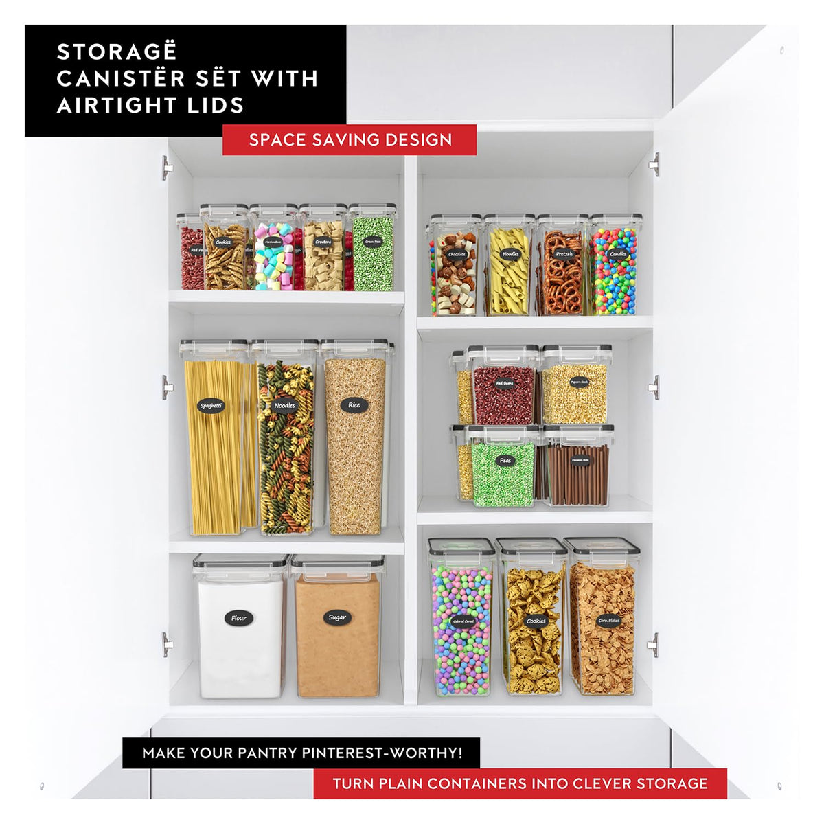 Extra Large Flour and Sugar Storage Containers 6.5L/220 Fl. oz; Set of 2 Plastic Bulk Airtight Food Storage Rice Containers With Lids - Kitchen Pantry Organizer and Storage Canisters, Marker & Labels