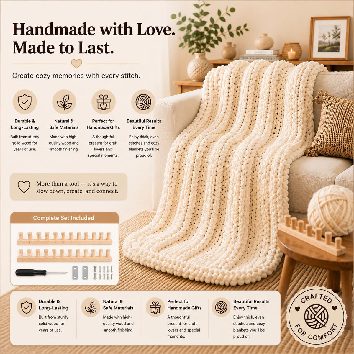 TopBoAoRAA 70'' Chunky Knitting Blanket Loom, Adjustable Wood Knit Loom with Detachable Modules, Portable Hand Weaving Loom Kit for Beginners, DIY Yarn Craft Tool for Home & Trave (70 inch)