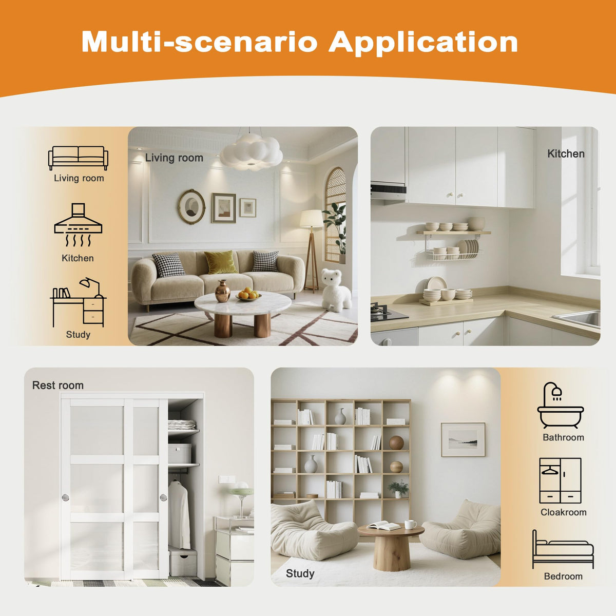 JUJUBON Closet Sliding Door, 48"Ć80"(Double Doors 25"), 3 Panel Sliding Door with Hardware Kit, Pre-Drilled Doors Panel, MDF with Paintable Surface, Need to Assemble, White