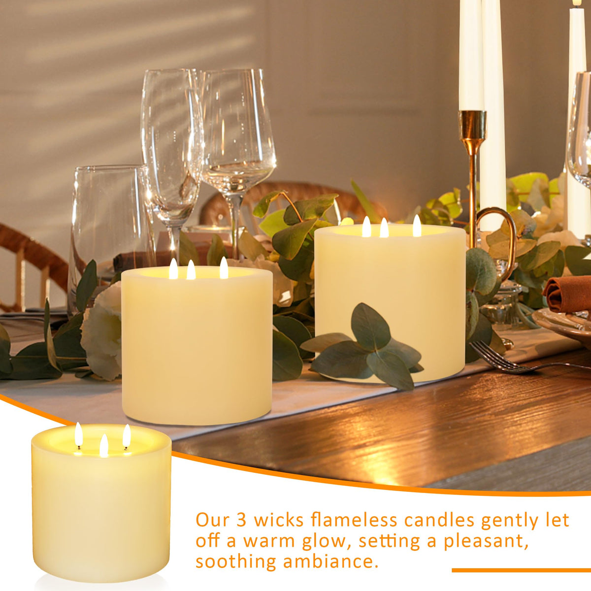 AFINETH Extra Large Flameless Candles with 3 Wicks, 6"x6" Real Wax Battery Operated Candles with Remote and Timer, Flickering LED Candles Fake Candle for Home, Wedding, Party, Ivory