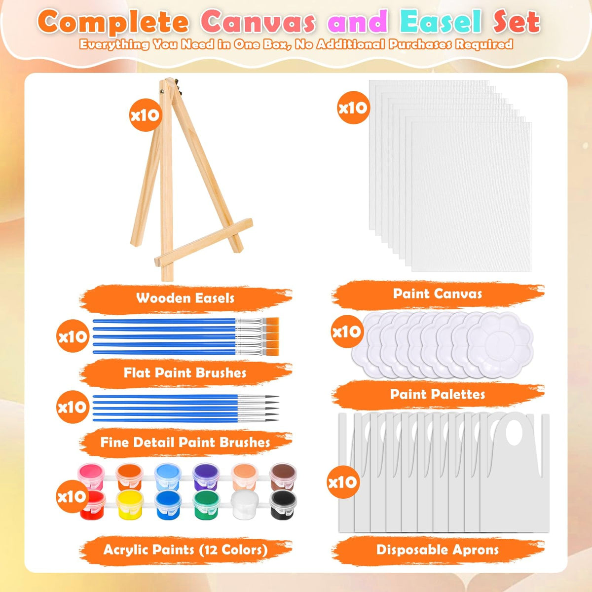 10 Pack 8x10 Inch Canvas and Easel Set, Art Canvas Boards Bulk with Easel Stand, Mini Acrylic Paint & Brushes Set, Paint Trays, Sip and Paint Kit for Adults Couples Day Night Paint Party
