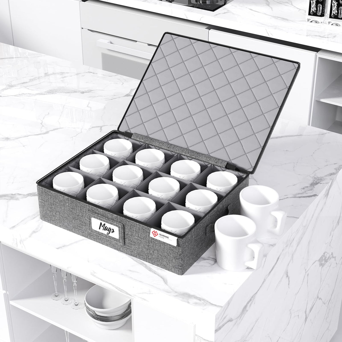 YearningHome Cup and Mug Storage Box with Hard Shell and Dividers for Coffee Mugs,Tea Cups and Glasses,Stackable Storage Organizers with Lid,Handles,Zips and Lable for Moving,Holds 12,2 Pack, Grey