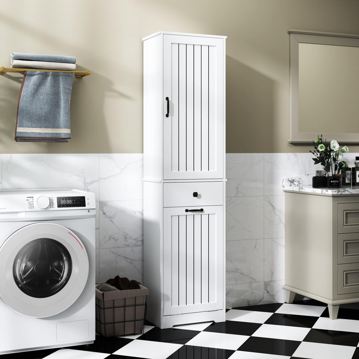 Laundry Cabinet with1 Storage Cabinet and 1 Drawer – White, Space-Saving Organization Solution for Easy Laundry Management