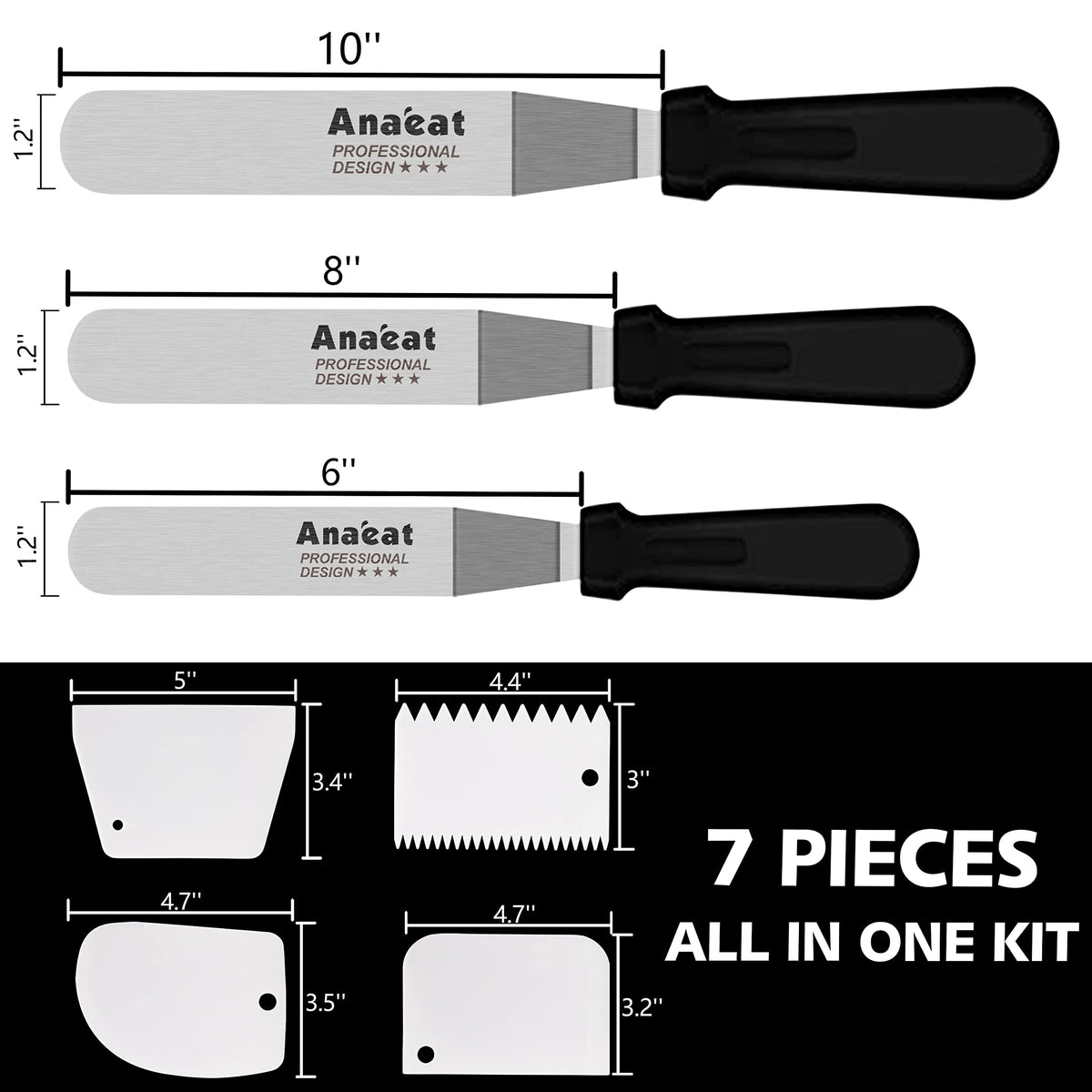 Anaeat Icing Spatula, 3 Pieces Professional Angled Offset Frosting Spatulas with 6", 8", 10" Stainless Steel Blades & 4 Pack Cake Smoother Scraper for Cake Decorating, Baking & Pastry (Set of 7)
