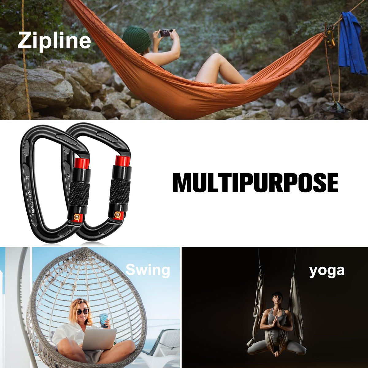 Auto Locking Carabiner Clips - 28KN (6172lbs) Heavy Duty Caribeaners ,2PCS Large Carabiner Clip for Keychains,Hammock,Camping, Gym, Hiking, Outdoor ,Dog Leash