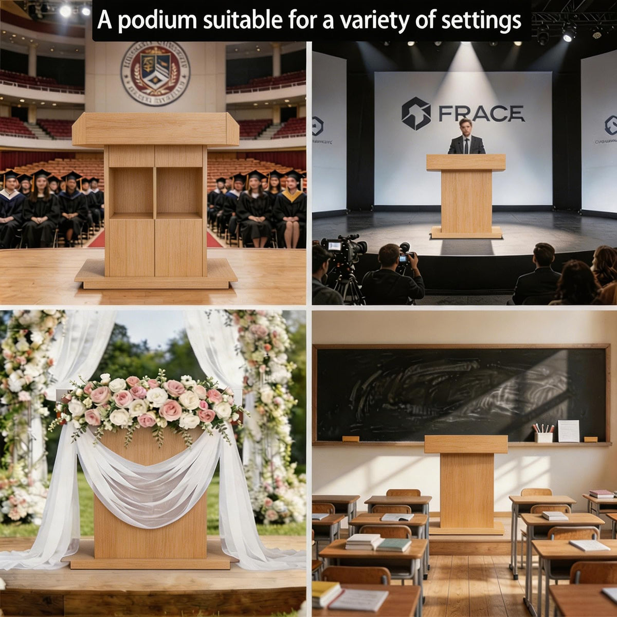 XIHAADOY Wooden Lectern Podium Stand with Lockable Wheels, with Wooden Heavy Base, Mobile Rolling Church Pulpits, Office Wooden Reception Desk, Host Stand for School Conference,Natural