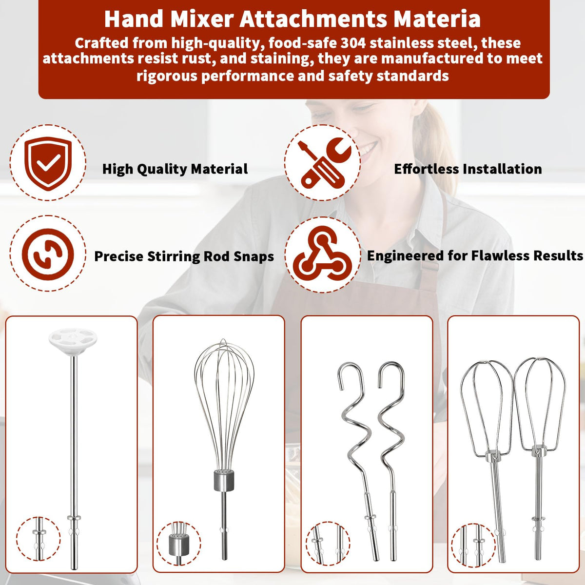 Hand Mixer Beaters Attachments for KitchenAid KHM512 KHM6118 KHM7210 KHM926, Including Turbo Beater, Pro Whisk, Dough Hooks, Blending Rod, Set of 6