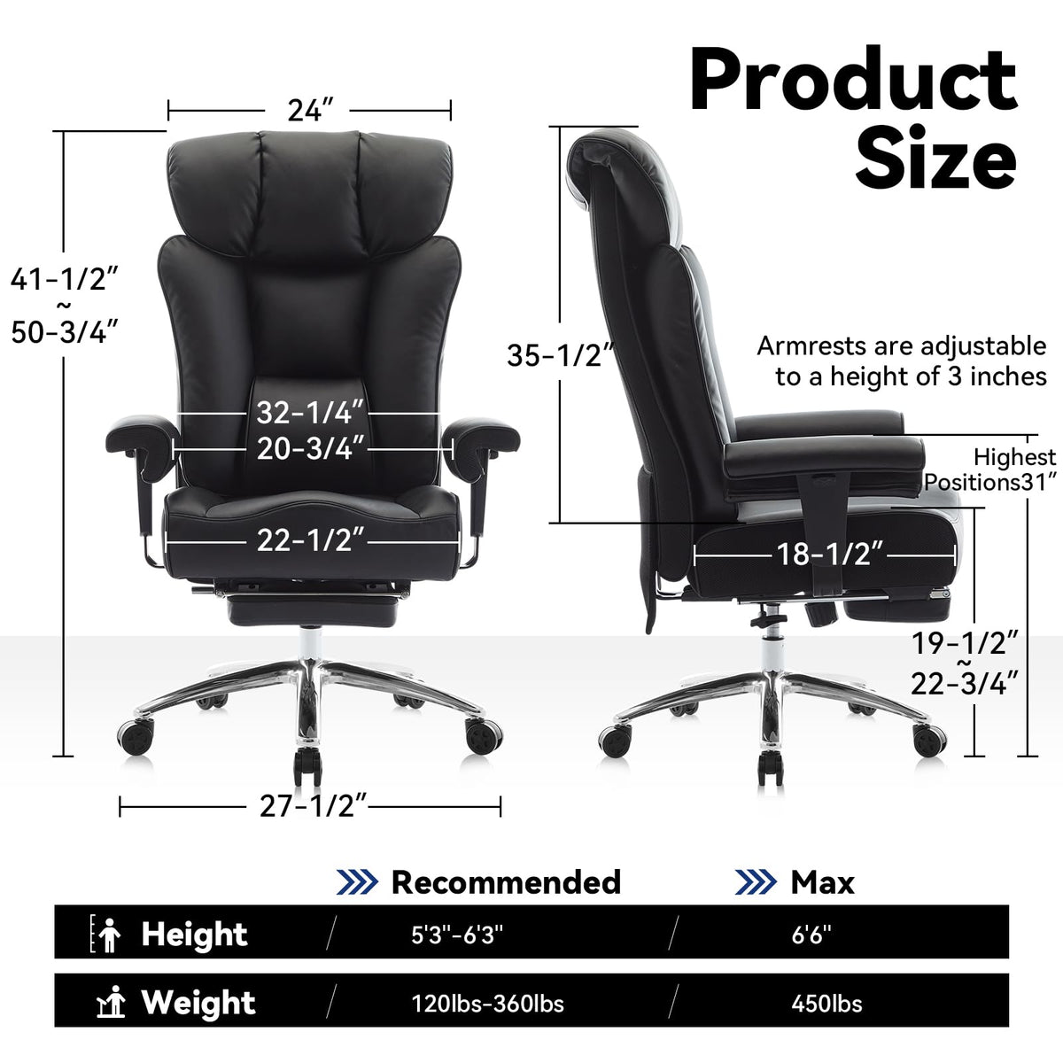 Efomao Big and Tall Office Chair 450lbs, 5.9" Thick Pocket Spring Executive Office Chair with Footrest, High Back PU Leather Desk Chair, Wide Seat Computer Chair, Black