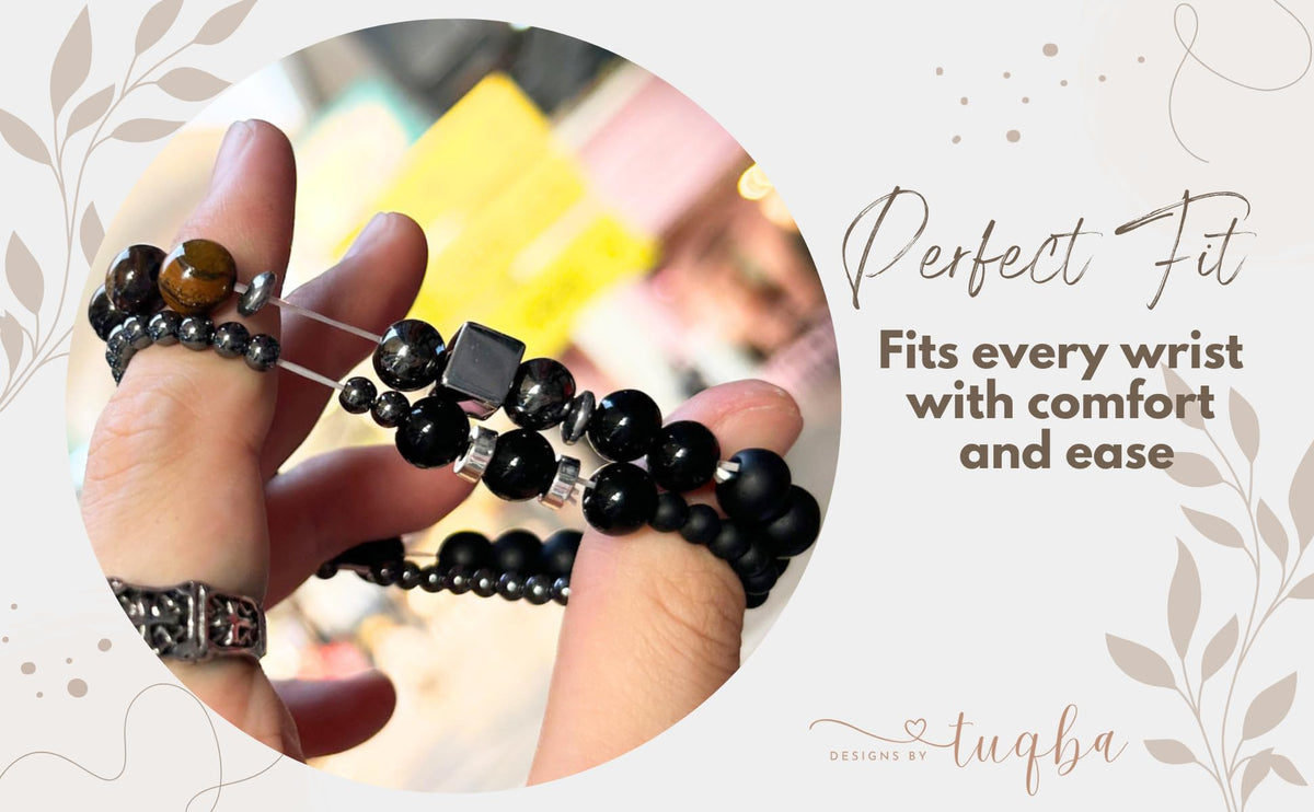 TUQBA 2 PCS Triple Protection Bracelet Set for Men Tiger Eye, Hematite, Onyx Beaded Natural Stone Healing Crystals Jewelry Christmas, Fathers Days Gift, Baptism, Birthday Gift