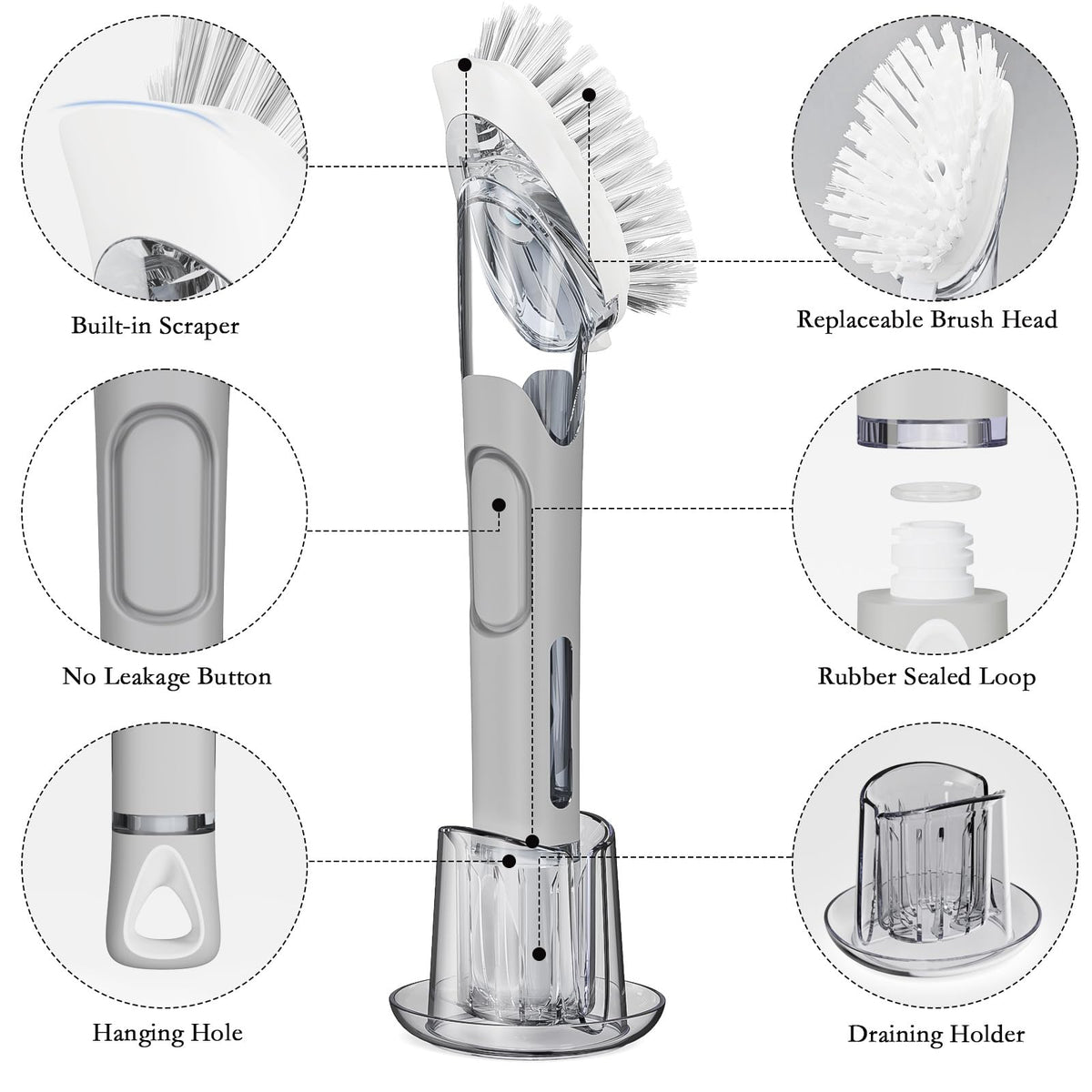 Soap Dispensing Replacement Dish Brush Storage Set with 2 PCS Brush Refills & Holder - RIMAY Dispenser Scrub Cleaning Scrubber Kitchen Dishwashing Dish Wand Handle for Dishes/Pans/Pots/Sink(Grey)