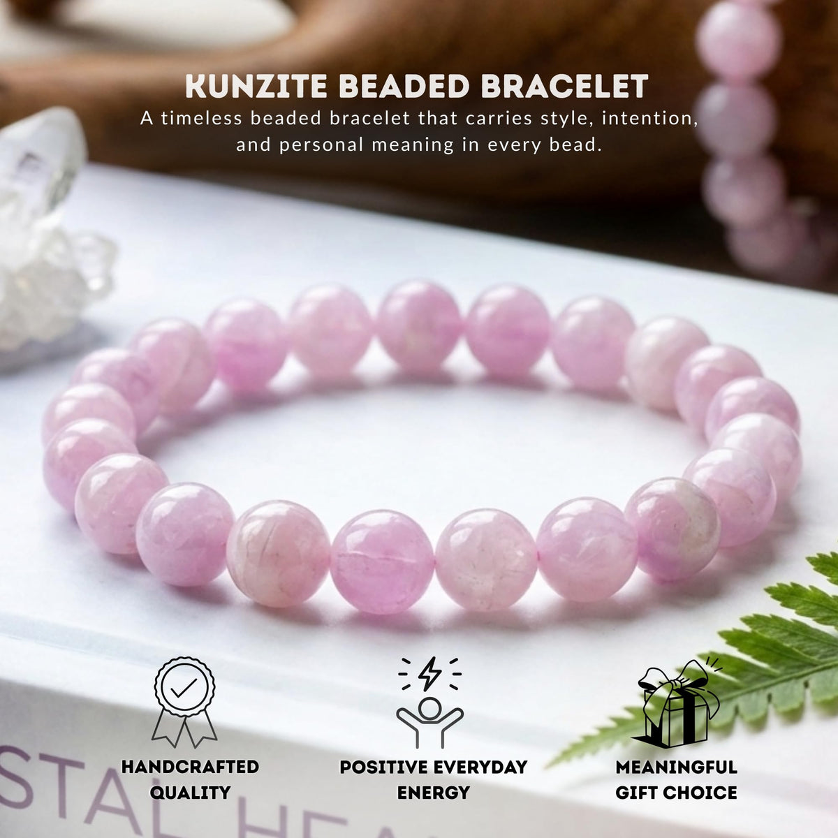 Cherry Tree Collection Kunzite Beaded Bracelet – Genuine 8mm Gemstone Stretch Bracelet for Men & Women – Handmade Crystal Bracelet - (Kunzite - S)