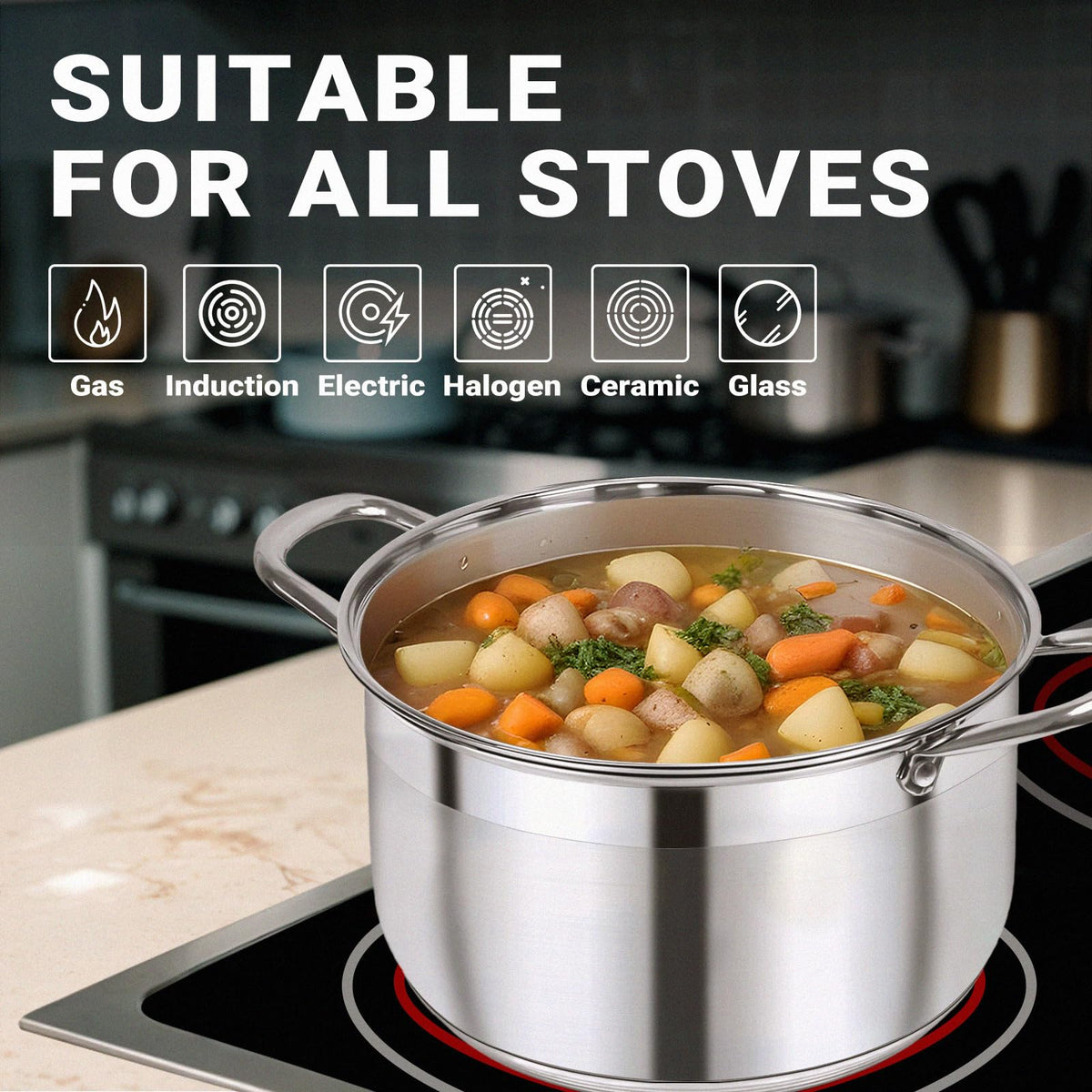 Kirecoo Stainless Steel Stock Pot - 8 Quart Heavy Duty Induction Cooking Pot with Visible Lid for Pasta, Soup, Spaghetti, Nonstick Thick Bottom Big Stockpot, Deep Cookware for Canning, Boiling, Simmer