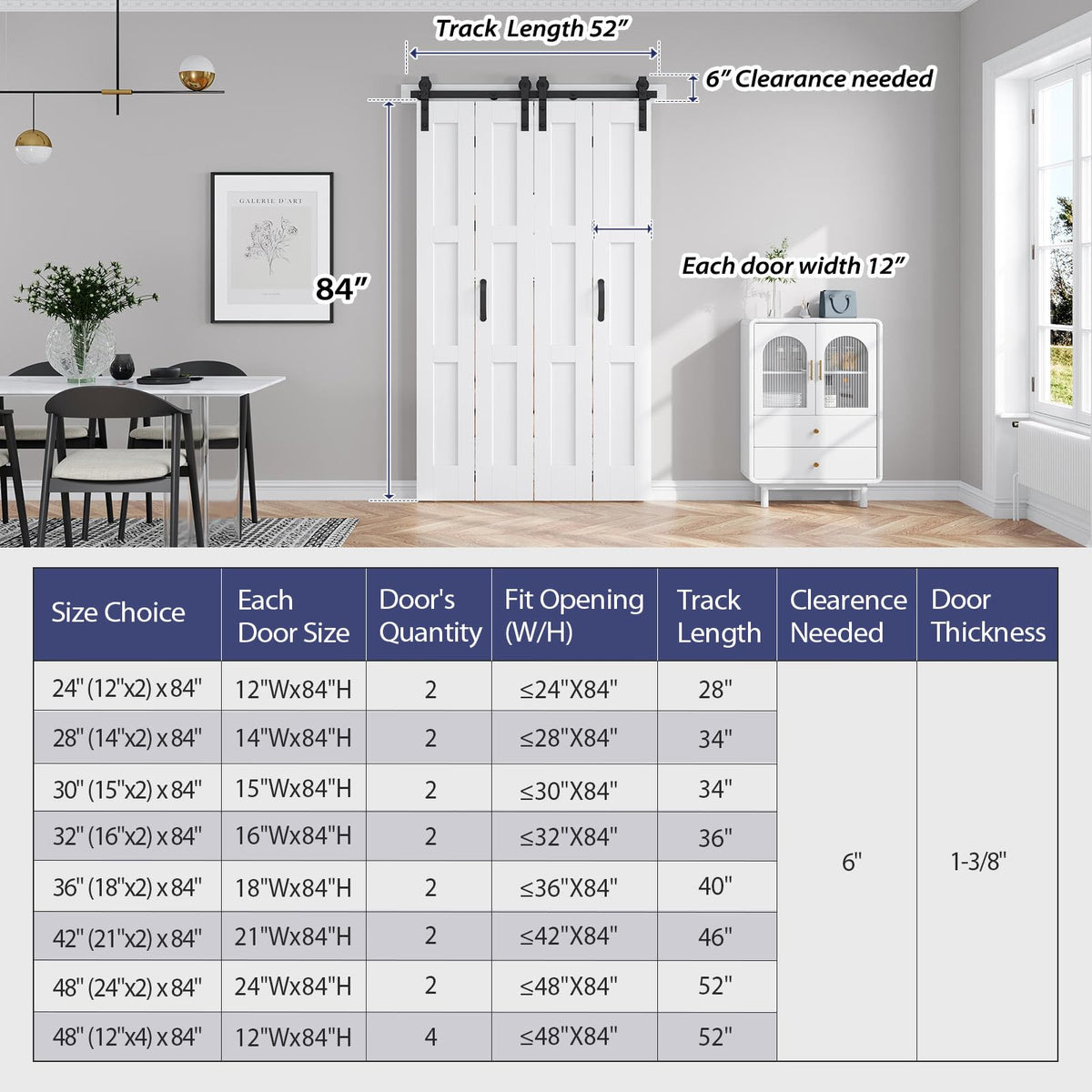 FREDBECK 48in X 84in (for 4 Doors 12x84) White Bi fold Barn Door Bifold Doors with 52" Hardware Track Kit Included,Solid MDF with Water-Proof PVC Surface for Closet,Assembly Required