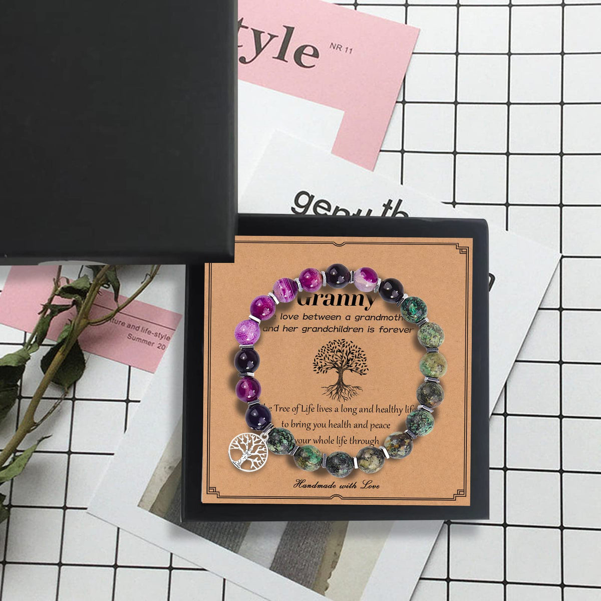 Mother's Day Gift Tree of Life Charm Bracelet for Granny 8mm Natural Healing Crystals Beads Stretch Bracelet Mom Birthday Gifts