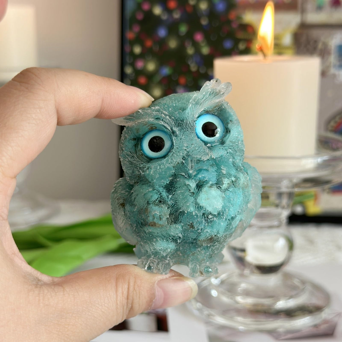 XYLIBLLA Hand-Carved Natural Crystal Owl Statue Owl Decor ,Green Owl Figurine, Animal Figurines Desk Decor and Owl Gifts for Women.(Turquoise)