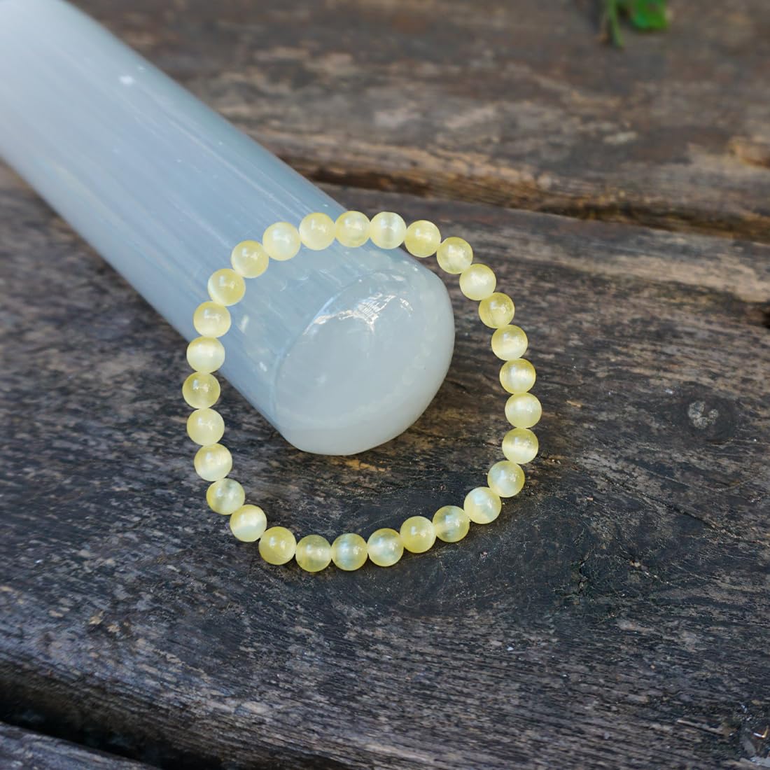 Natural Selenite Crystal Bracelet 6mm | Yellow Plated | Authentic Stone with Leather Pouch, Gift Box & Repair Kit | Fits 6.5-7 inch Wrist