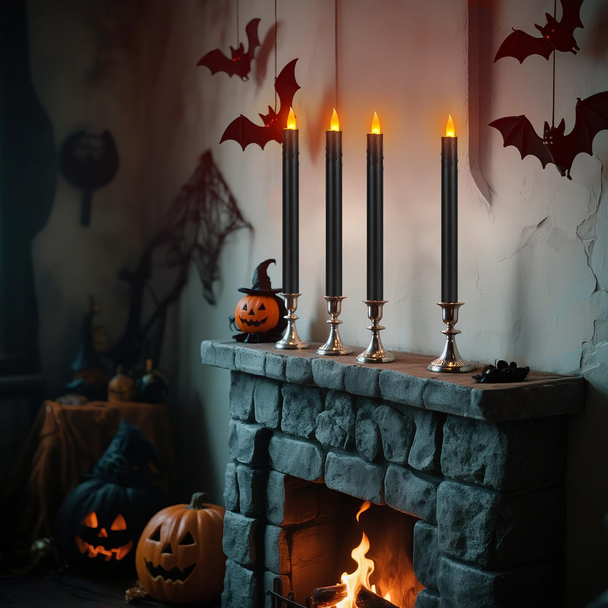 wemarry 10" Flameless Taper Candles with Remote, 12 Pcs Black Electric Led candlesticks, Plastic Tall Taper Candles Battery Operated with Flickering Flame for Halloween Christmas Wedding Home Décor